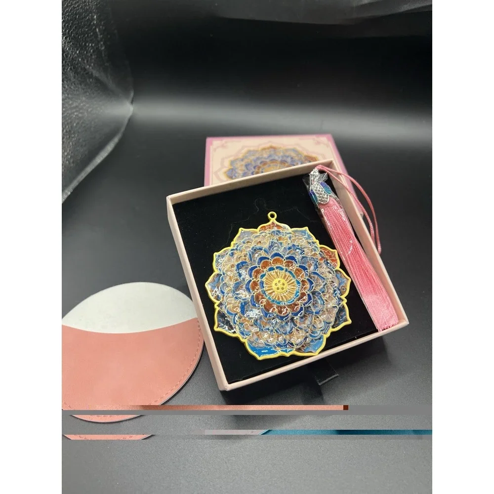 Chinese Cloisonne Enamel Hand Mirror Floral Medallion Pink Tassel With Box
